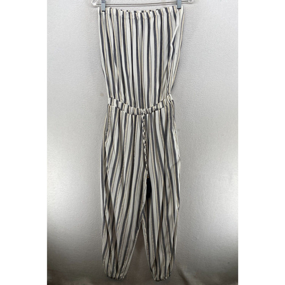 BLUE ISLAND Jumpsuit Small Striped Cinched Waist Strapless Rayon White Navy - Picture 2 of 14